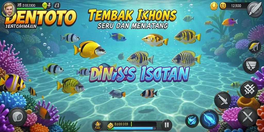 Tampilan gameplay DENTOTO yang menarik dengan berbagai ikan dan senjata.