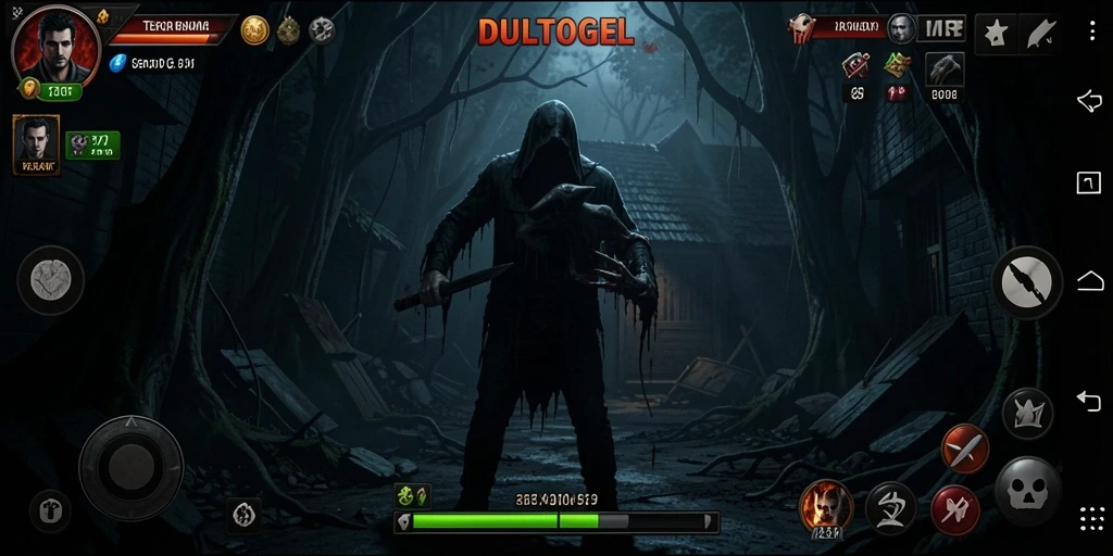 Gameplay DULTOGEL menampilkan suasana horor yang mencekam.