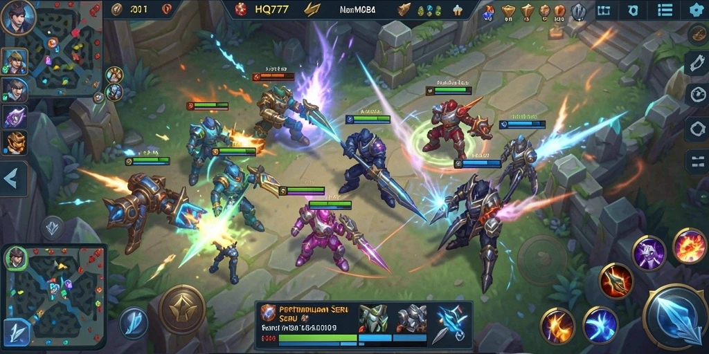 Screenshot gameplay menunjukkan aksi MOBA yang mendebarkan dan karakter yang beragam.