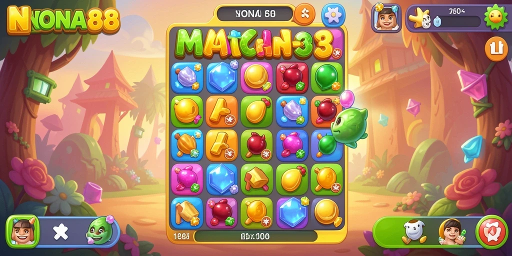 Tangkapan layar gameplay NONA88 menampilkan keseruan permainan Match-3.